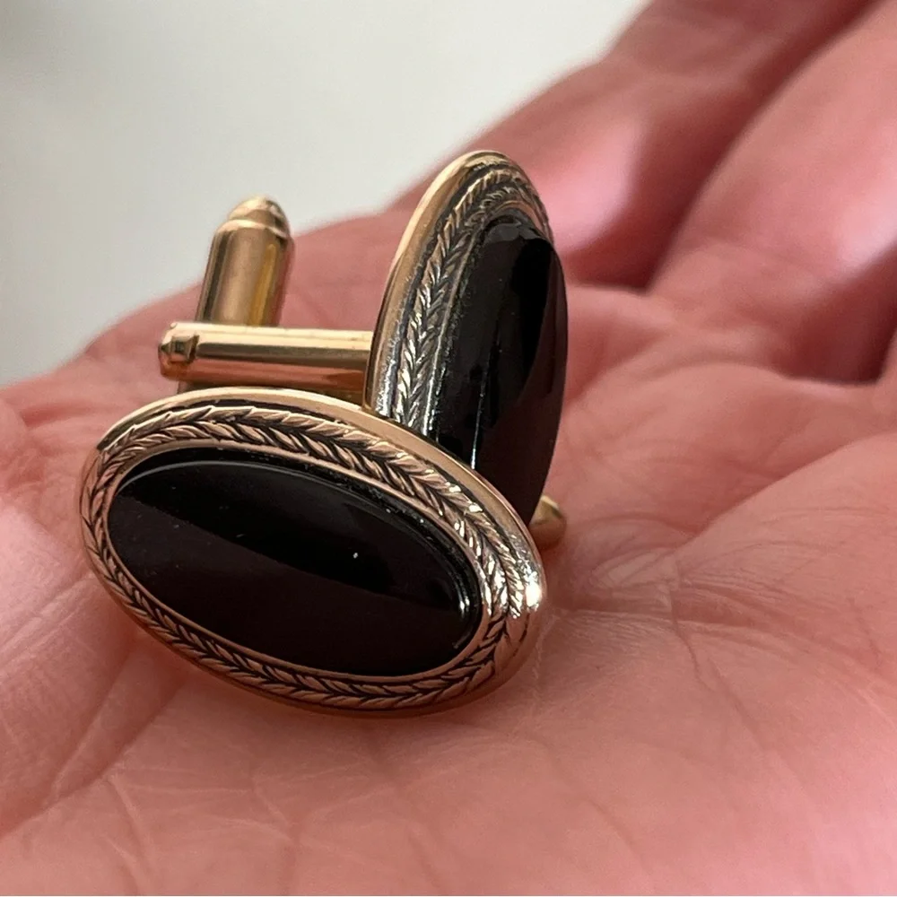 Vintage 60 70 Shield Victorian Oversized black onyx Brass Gold Cufflinks